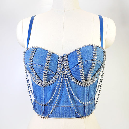 Denim Spaghetti - Denim Spaghetti Straps & Chains Corset Top (7519157846104)