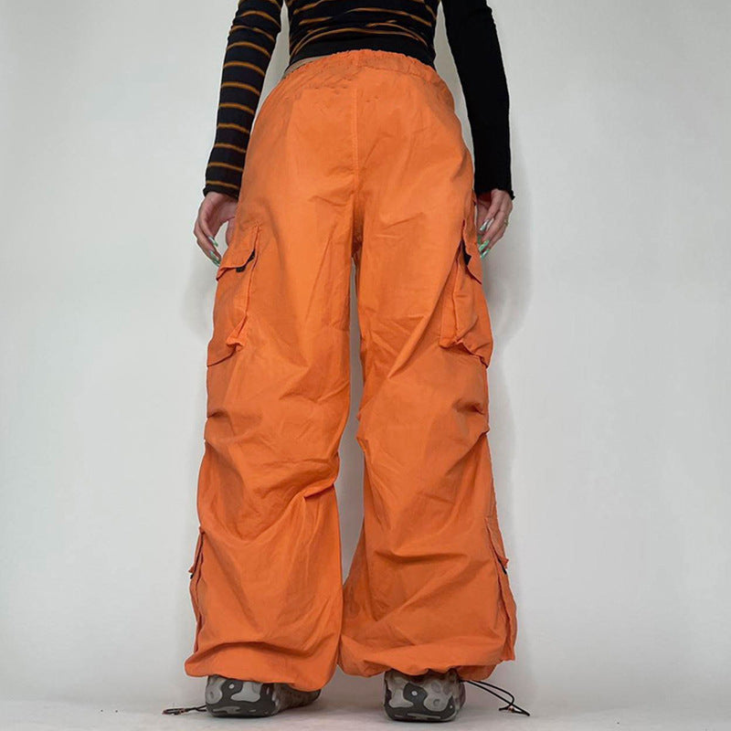 Pocket Patchwork Cargo Pants Low-Waist Drawstrings Ankle-Tied Wide Leg Pants (7524754227288)