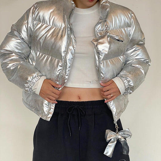 Winter Metallic Coated Fabric Thicken Thermal Puffer Jacket Coat Glossy Stand up Collar Bowknot Decorative Zipper Slim Fit Cotton Padded Jacket (7525012865112)