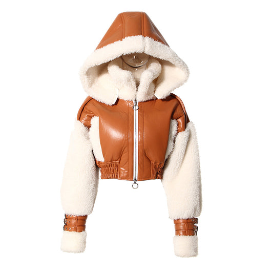 Retro Patchwork Contrast Color Hooded Motorcycle Lamb Coat (7524290330712)