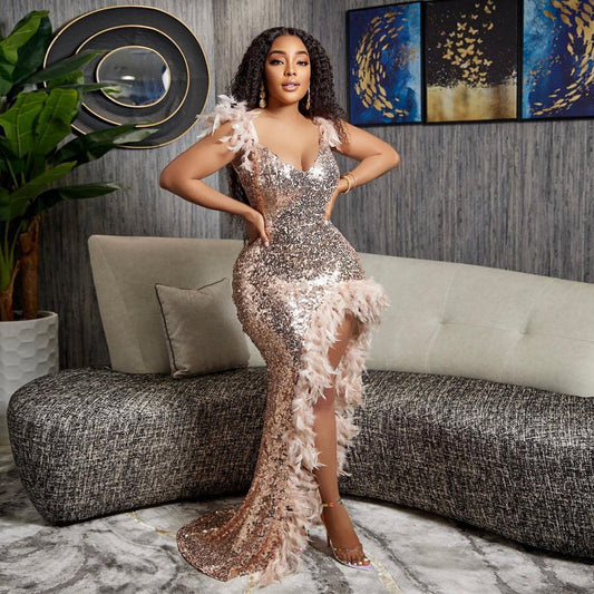 Can-You-Say Backless - Feather Sling High Slit Sequin Backless Dress (7516662562904)