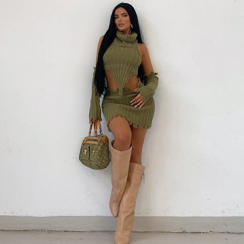 Solid Color Turtleneck Knitting Backless Sweater Hip Skirt Two-Piece Set (7524290134104)