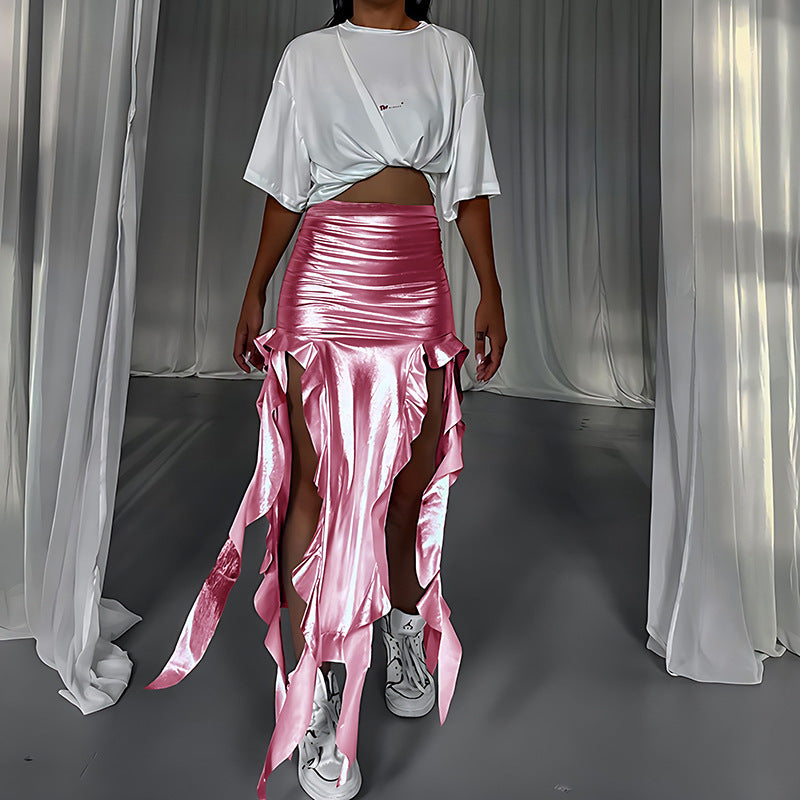 Faux-Leather Ribbon Tassel Micro Elastic Metallic Coated Fishtail Asymmetrical Skirt