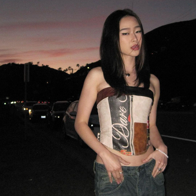 Retro Printed Off-Neck Slim Zipper Vest Tube Top (7517936320600)