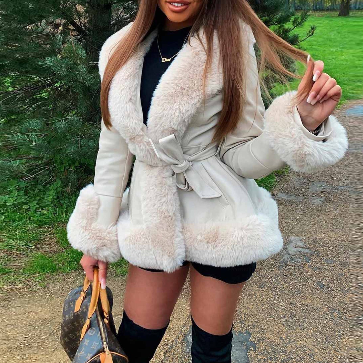 Slim-Fit Faux Leather Wide Fur Collar Patchwork Long Sleeves Coat