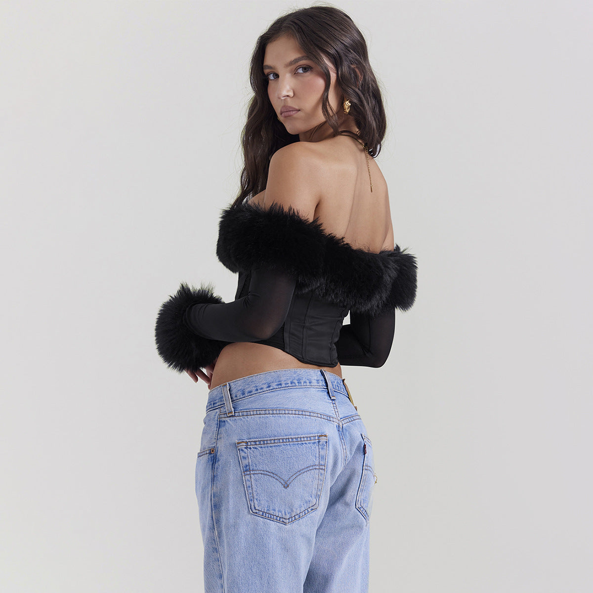 Fur Colla - Fur Collar Off-Shoulder Slim Corset Crop-Top (7516561539160)