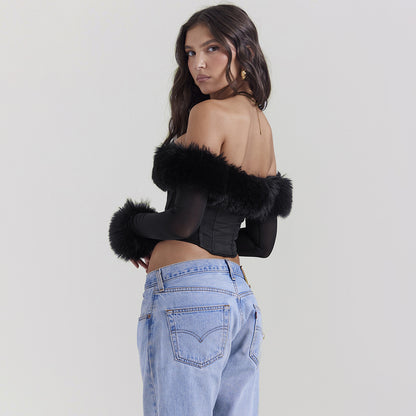 Fur Colla - Fur Collar Off-Shoulder Slim Corset Crop-Top (7516561539160)