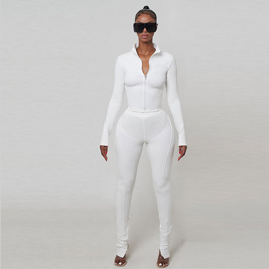 Solid Color Zip-Up - Stand-Collar Long-Sleeves & Yoga Pants Set (7516830335064)