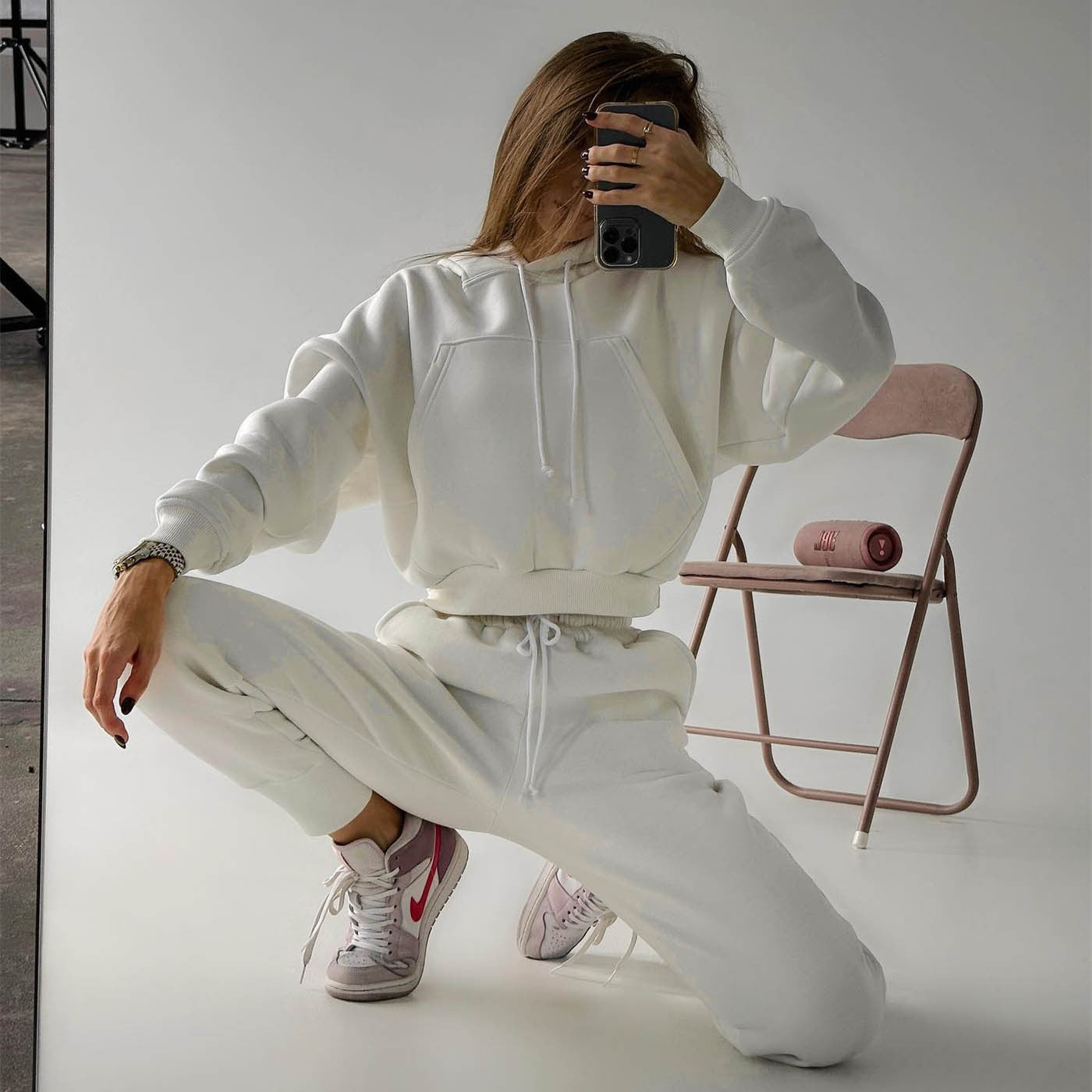 Hooded Sweatshirt & Sweatpants Two-Piece Set - Solid Color (7517801676888)
