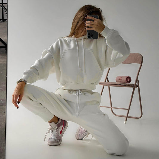 Hooded Sweatshirt & Sweatpants Two-Piece Set - Solid Color (7517801676888)