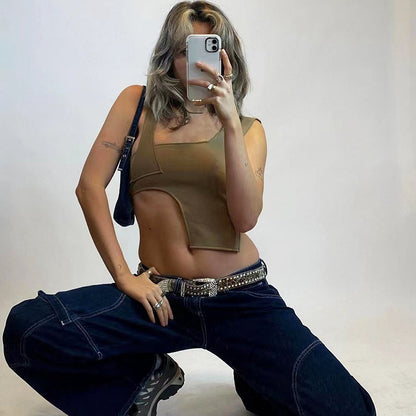 Asymmetrical Patchwork Slim-Fit Crop-Top