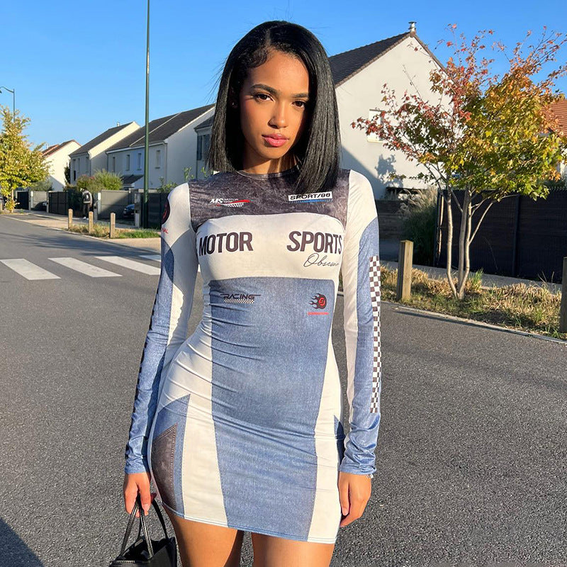Sports Motorcycle Printed Long Sleeves Round-Neck Mini Dress (7524754489432)