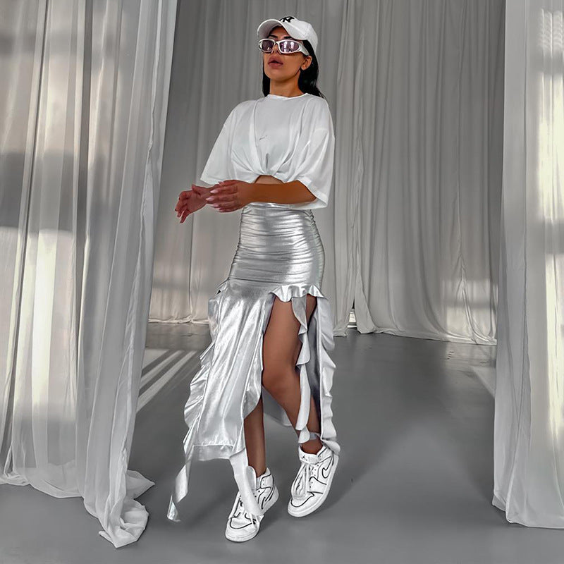 Faux-Leather Ribbon Tassel Micro Elastic Metallic Coated Fishtail Asymmetrical Skirt