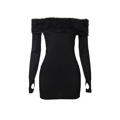 Off-Shoulder Plush - Solid Color Long Sleeves Short Dress (7516659875928)