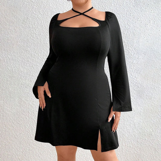 Plus-Size Long-Sleeves Tie-Back Tight Dress (7516664168536)