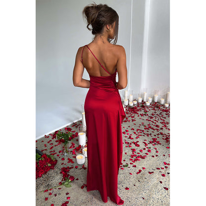 One-Shoulder Slim-Fit Side Slit Maxi Backless Dress (7516660990040)