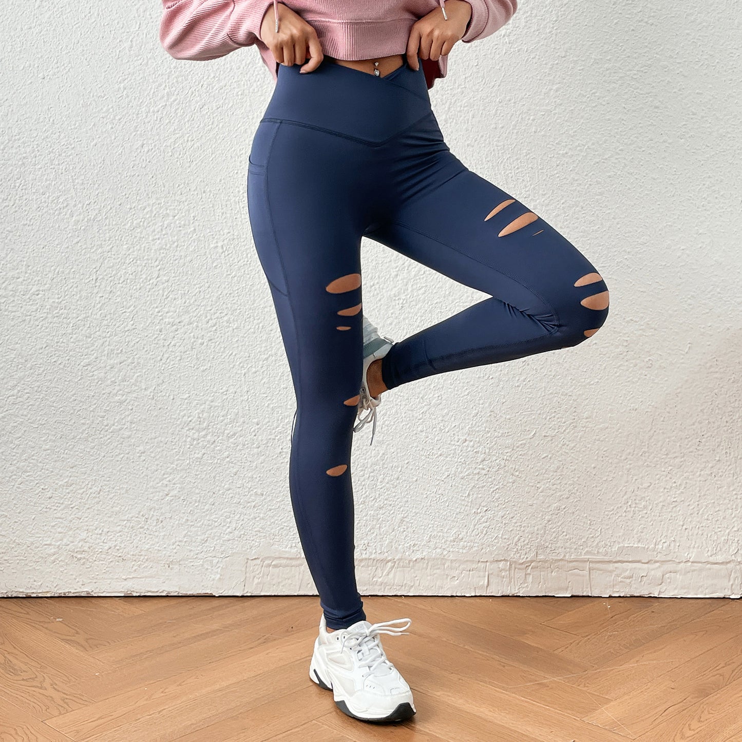Spring Summer Cross Solid Color Irregular Asymmetric Ripped Tight Trousers Pocket Slimming Yoga Sports Pants (7525023744088)