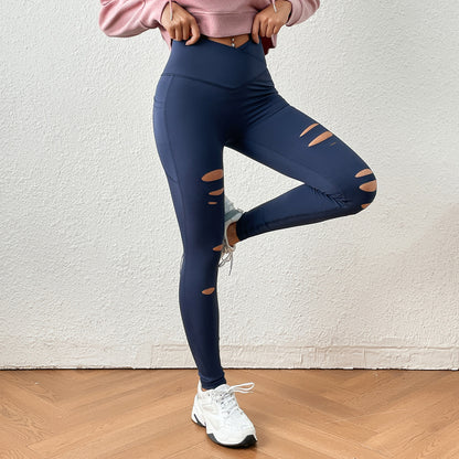 Spring Summer Cross Solid Color Irregular Asymmetric Ripped Tight Trousers Pocket Slimming Yoga Sports Pants (7525023744088)