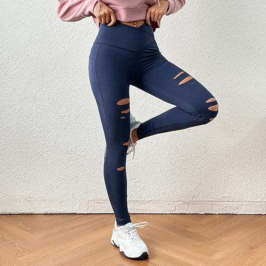 Spring Summer Cross Solid Color Irregular Asymmetric Ripped Tight Trousers Pocket Slimming Yoga Sports Pants (7525023744088)