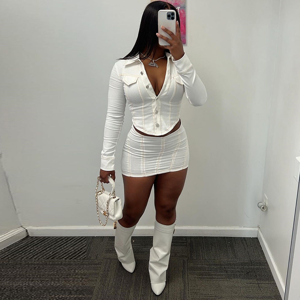 Short Skirt & V Plunge Work Shirt Style Two-Piece Set (7519217156184)