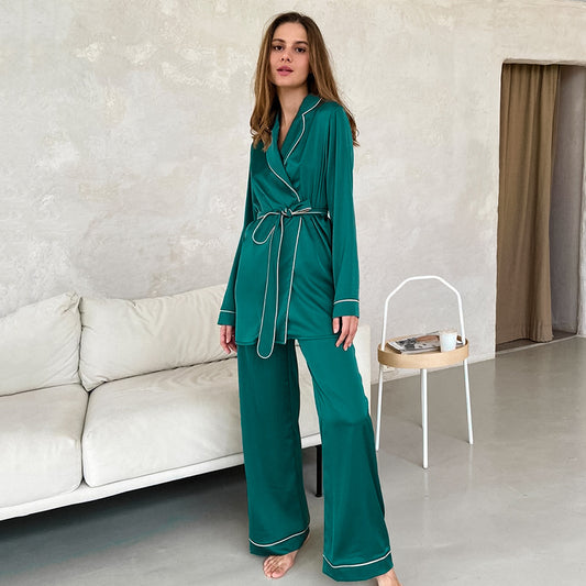 Long Sleeves Cardigan Lace-Up Pajamas Set