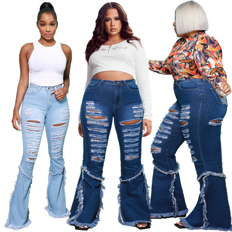 Plus-Size Distressed Tassel Denim Jeans (7524819435608)