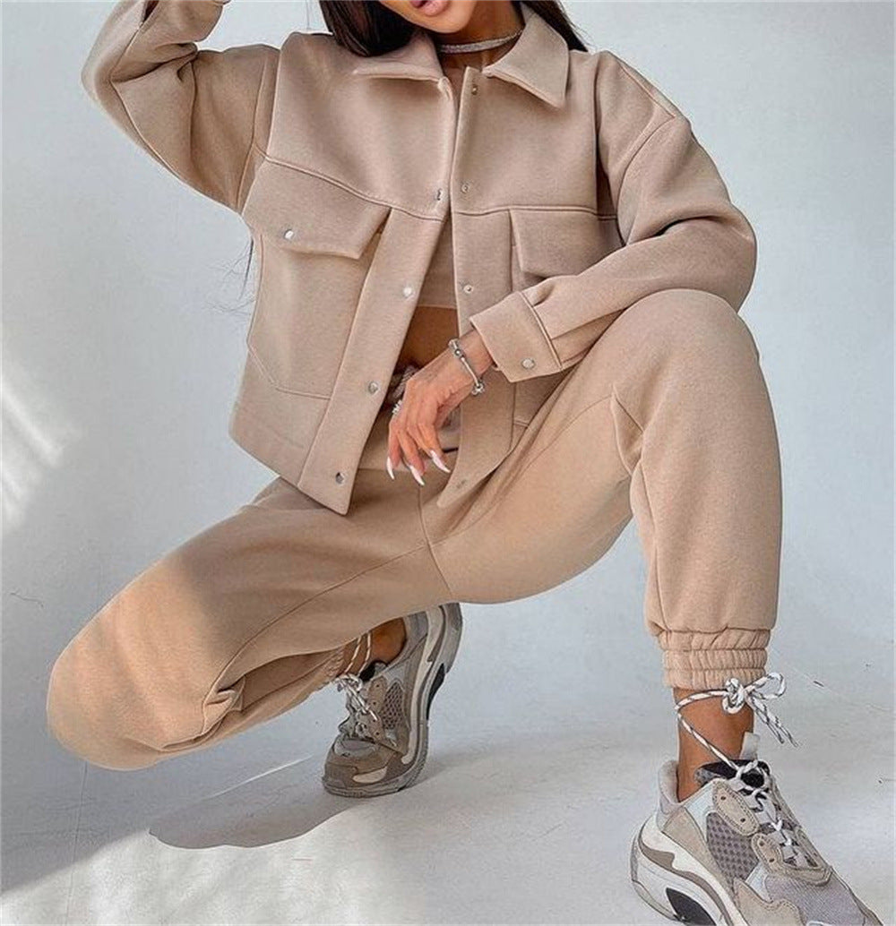 Solid Color Long Sleeves Sweatshirt & Pants Two-Piece Set