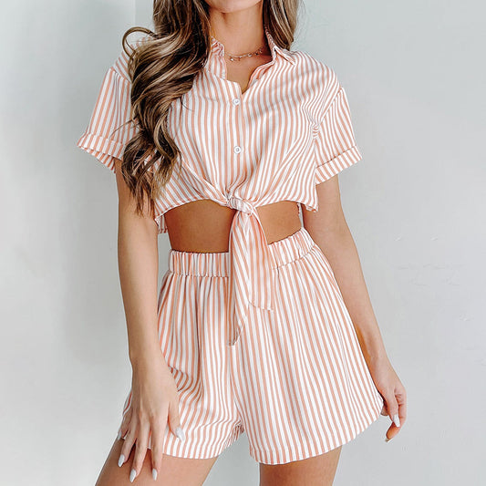 Stripes Short-Sleeves Pajamas Two-Piece Set