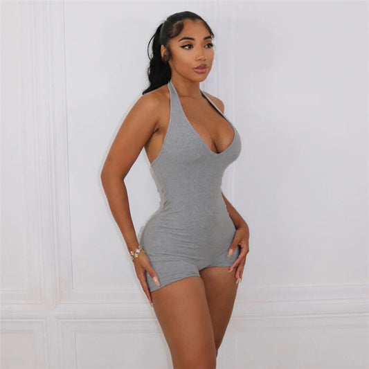Low-Collar Halter Backless Romper