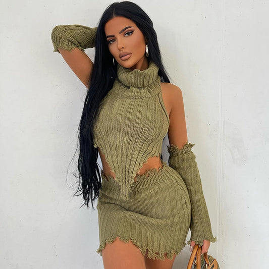 Solid Color Turtleneck Knitting Backless Sweater Hip Skirt Two-Piece Set (7524290134104)