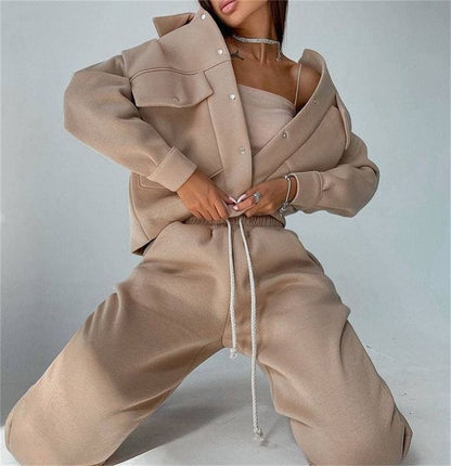 Solid Color Long Sleeves Sweatshirt & Pants Two-Piece Set