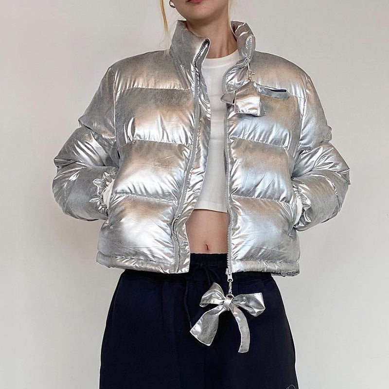 Winter Metallic Coated Fabric Thicken Thermal Puffer Jacket Coat Glossy Stand up Collar Bowknot Decorative Zipper Slim Fit Cotton Padded Jacket (7525012865112)