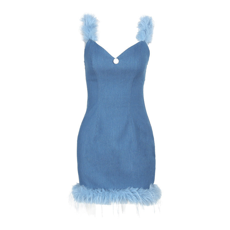 Denim & Fur - Elegant Slim-Fit Furry Denim Dress (7516661448792)