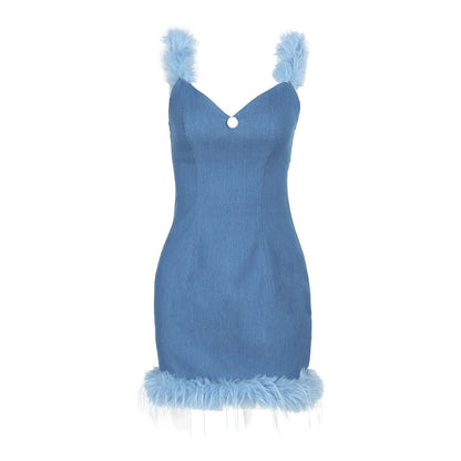 Denim & Fur - Elegant Slim-Fit Furry Denim Dress (7516661448792)