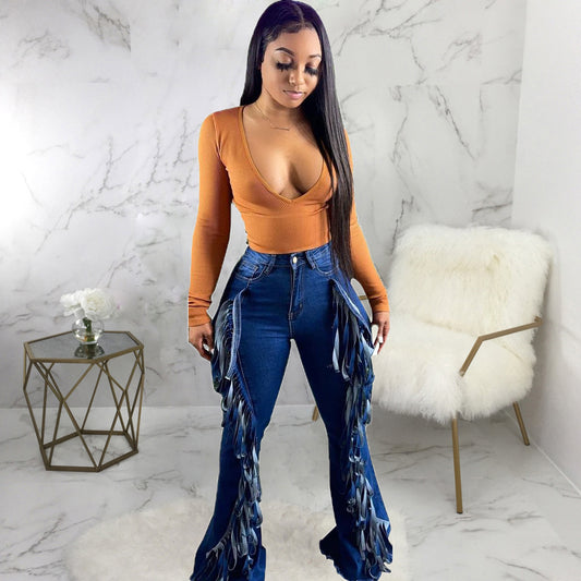 Slim-Fit Bell-Bottom Fringe Denim Jeans (7524821139544)