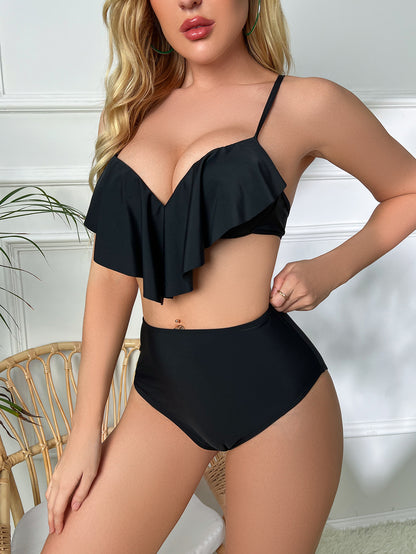 Ruffles Detail - High-Waist Lace-Up & Front Detail Bikini (7516582608984)