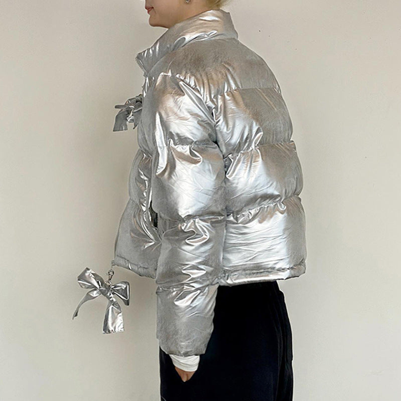 Winter Metallic Coated Fabric Thicken Thermal Puffer Jacket Coat Glossy Stand up Collar Bowknot Decorative Zipper Slim Fit Cotton Padded Jacket (7525012865112)