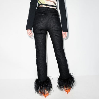 Ostrich-Feather Stitching Straight Leg Denim Jeans