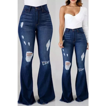 Distressed High-Waist Flared Denim Jeans