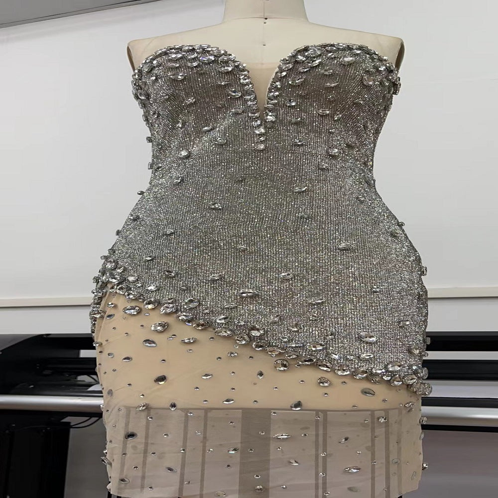 Internet Celebrity Heavy Industry -  Tube Top Low Collar Silver Diamond Mini Dress (7517608935512)