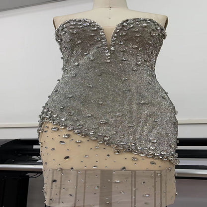 Internet Celebrity Heavy Industry -  Tube Top Low Collar Silver Diamond Mini Dress (7517608935512)