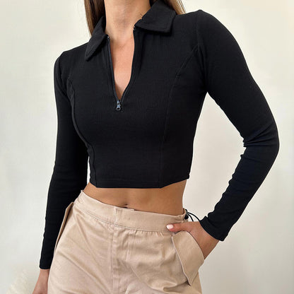 Solid Color Line Split Collared Zipper Basic Cropped Top