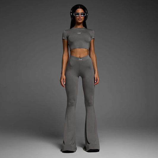 AOMR - Cropped Short Sleeves Top High Waist Flared Pants Two-Piece Set (7516855959640)