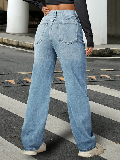 Wide Leg Straight Leg Distressed Denim Jeans