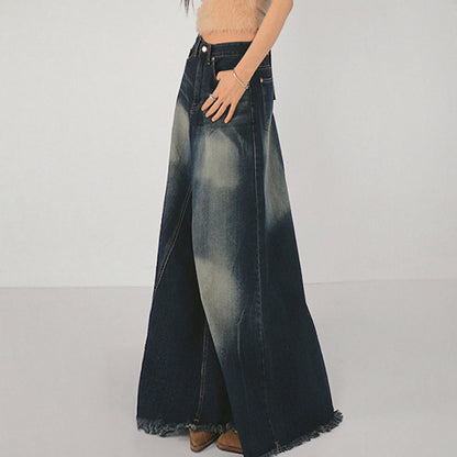 Retro High-Waist Vertical Stripe Distressed & Frayed Fishtail Denim Skirt (7522342076504)