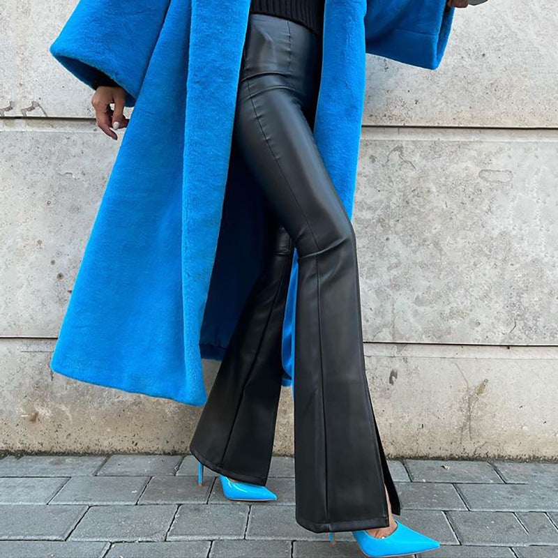 Flared Faux-Leather Stitching Slit Pants (7524749508696)
