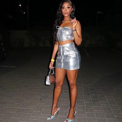 Metallic Cropped Lace-Up Elastic Hip Skirt Set (7517614407768)