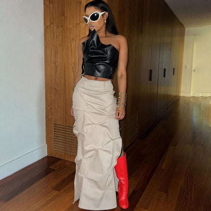 Solid Color Poly-Urethane Leather Tube Skirt