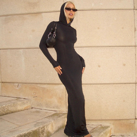 Slim-Fit Dress - Solid Color Hooded Long Sleeves (7516661874776)