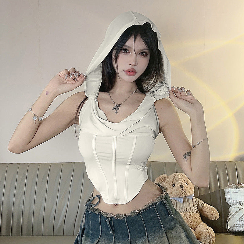 Solid Color Slim-Fit Hollow-Out Cut-Out Hooded Halter Crop-Top